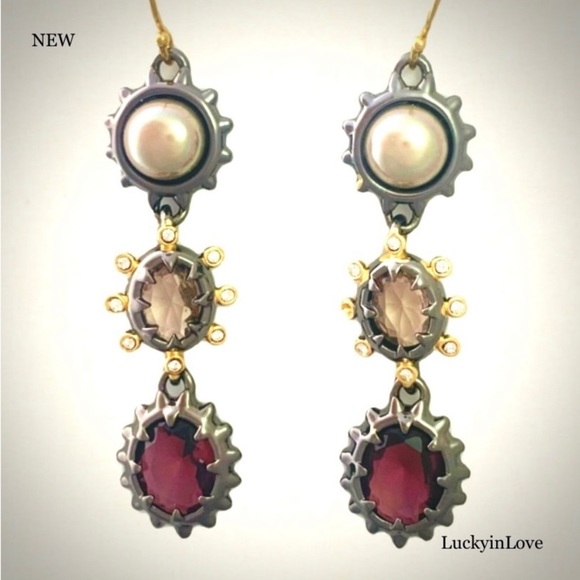 ALEXIS BITTAR • NEW Gold Gunmetal Pearl Stone 3 Stone Drop Spiked Earrings - Picture 7 of 11
